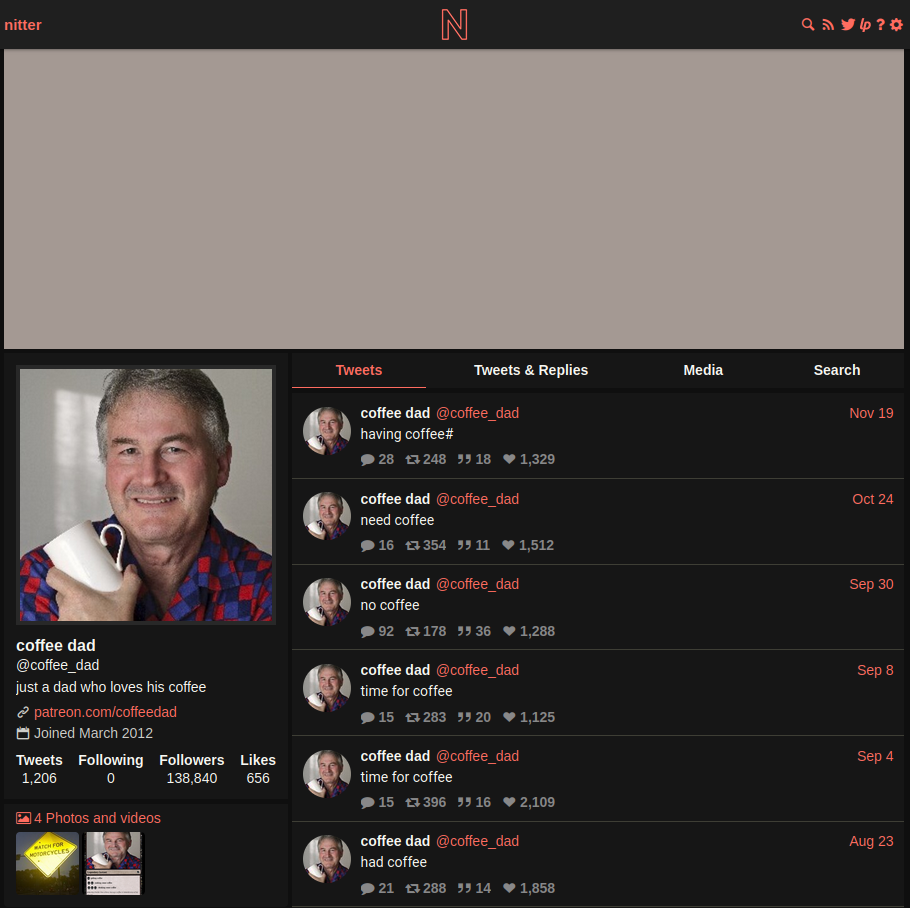 Screenshot of Nitter displaying the coffee_dad Twitter account